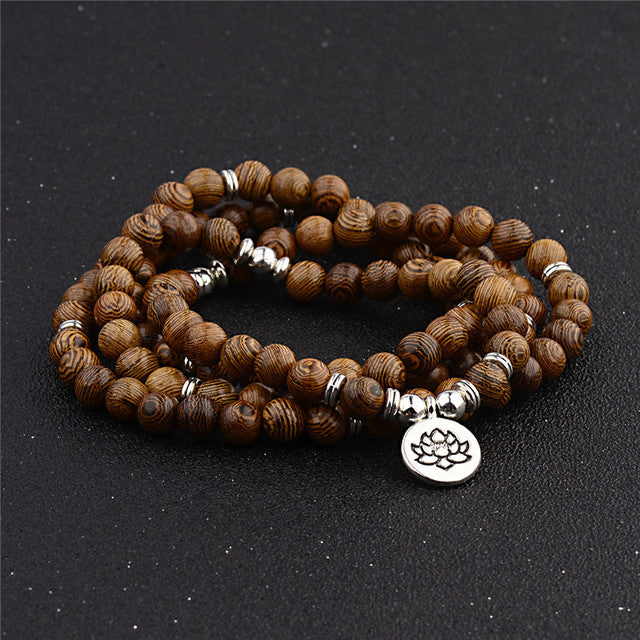 108 Wood Beads Lotus OM Bracelet Tibetan Buddhist Mala Buddha Charm Multilayer Rosary Bracelet Yoga Wooden For Women Men Jewelry