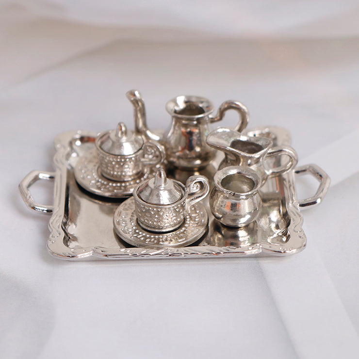 10Pcs/Set 1/12 Dollhouse Miniature Silver Metal Tea Coffee Tray Tableware Set For Dollhouse Decoration