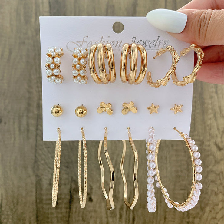 6Pcs/Set Fashion Big Circle Gold Color Simulation Pearl Geometric Hoop Earrings For Women Butterfly Rhinestone Earings Jewellery