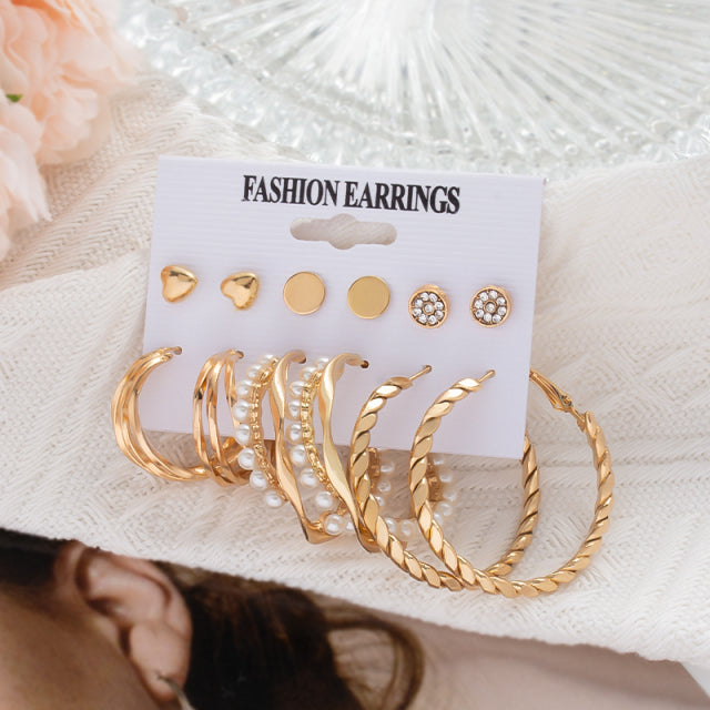 6Pcs/Set Fashion Big Circle Gold Color Simulation Pearl Geometric Hoop Earrings For Women Butterfly Rhinestone Earings Jewellery