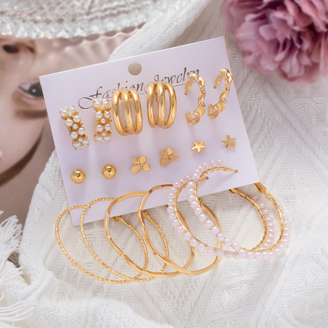 6Pcs/Set Fashion Big Circle Gold Color Simulation Pearl Geometric Hoop Earrings For Women Butterfly Rhinestone Earings Jewellery