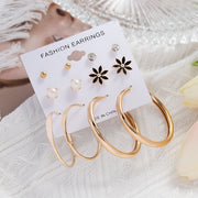 6Pcs/Set Fashion Big Circle Gold Color Simulation Pearl Geometric Hoop Earrings For Women Butterfly Rhinestone Earings Jewellery