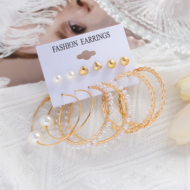 6Pcs/Set Fashion Big Circle Gold Color Simulation Pearl Geometric Hoop Earrings For Women Butterfly Rhinestone Earings Jewellery