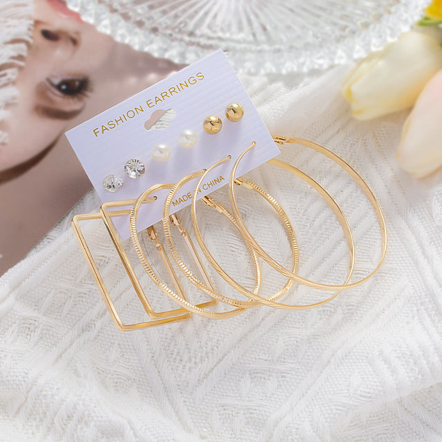 6Pcs/Set Fashion Big Circle Gold Color Simulation Pearl Geometric Hoop Earrings For Women Butterfly Rhinestone Earings Jewellery