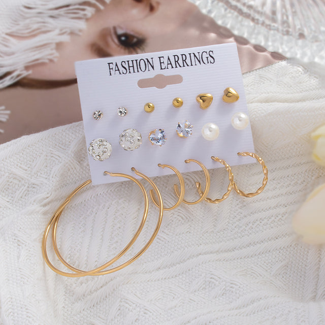 6Pcs/Set Fashion Big Circle Gold Color Simulation Pearl Geometric Hoop Earrings For Women Butterfly Rhinestone Earings Jewellery