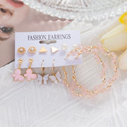 6Pcs/Set Fashion Big Circle Gold Color Simulation Pearl Geometric Hoop Earrings For Women Butterfly Rhinestone Earings Jewellery