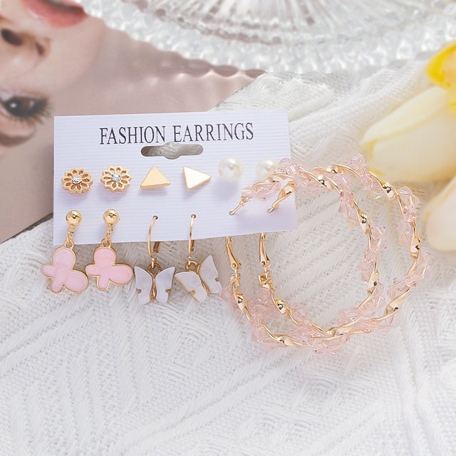 6Pcs/Set Fashion Big Circle Gold Color Simulation Pearl Geometric Hoop Earrings For Women Butterfly Rhinestone Earings Jewellery