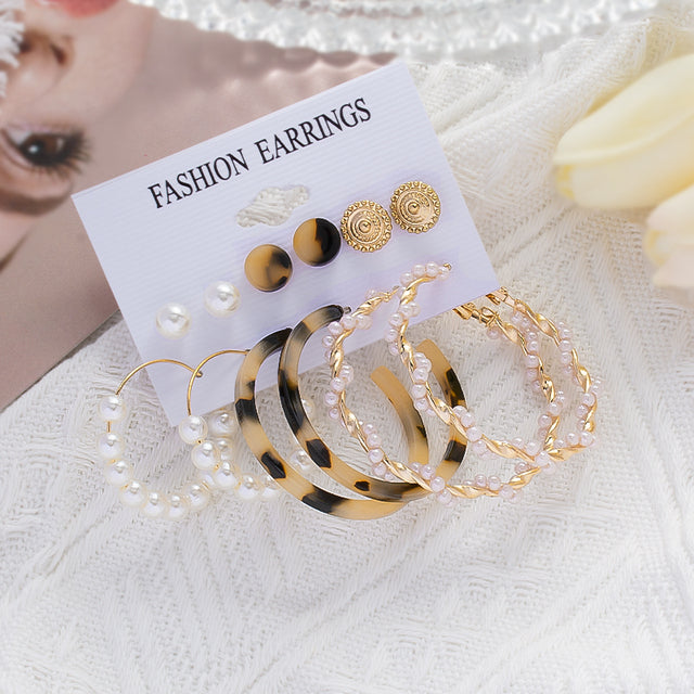 6Pcs/Set Fashion Big Circle Gold Color Simulation Pearl Geometric Hoop Earrings For Women Butterfly Rhinestone Earings Jewellery