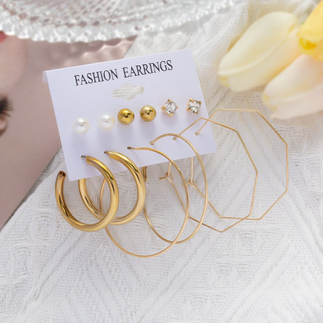 6Pcs/Set Fashion Big Circle Gold Color Simulation Pearl Geometric Hoop Earrings For Women Butterfly Rhinestone Earings Jewellery