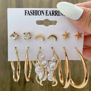 6Pcs/Set Fashion Big Circle Gold Color Simulation Pearl Geometric Hoop Earrings For Women Butterfly Rhinestone Earings Jewellery