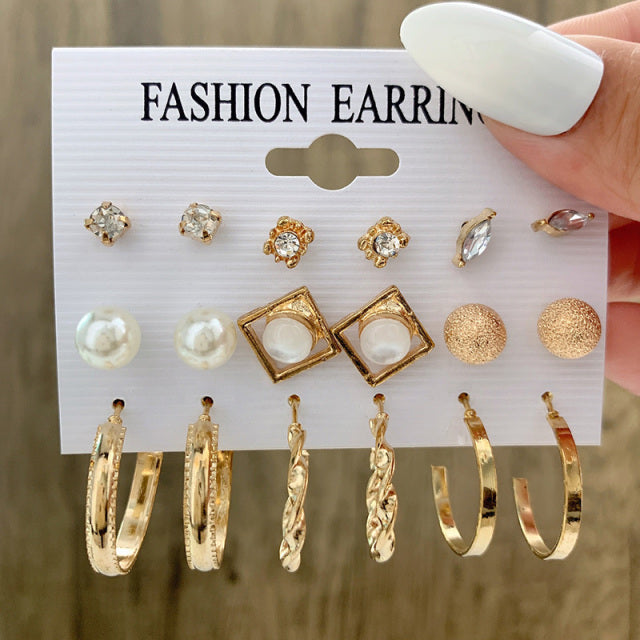 6Pcs/Set Fashion Big Circle Gold Color Simulation Pearl Geometric Hoop Earrings For Women Butterfly Rhinestone Earings Jewellery