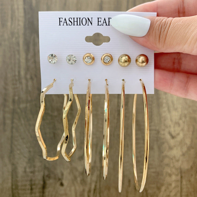 6Pcs/Set Fashion Big Circle Gold Color Simulation Pearl Geometric Hoop Earrings For Women Butterfly Rhinestone Earings Jewellery