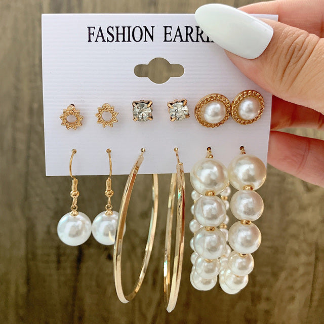 6Pcs/Set Fashion Big Circle Gold Color Simulation Pearl Geometric Hoop Earrings For Women Butterfly Rhinestone Earings Jewellery