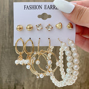 6Pcs/Set Fashion Big Circle Gold Color Simulation Pearl Geometric Hoop Earrings For Women Butterfly Rhinestone Earings Jewellery