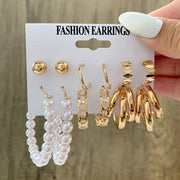 6Pcs/Set Fashion Big Circle Gold Color Simulation Pearl Geometric Hoop Earrings For Women Butterfly Rhinestone Earings Jewellery