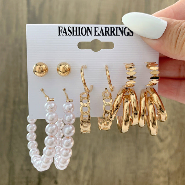 6Pcs/Set Fashion Big Circle Gold Color Simulation Pearl Geometric Hoop Earrings For Women Butterfly Rhinestone Earings Jewellery