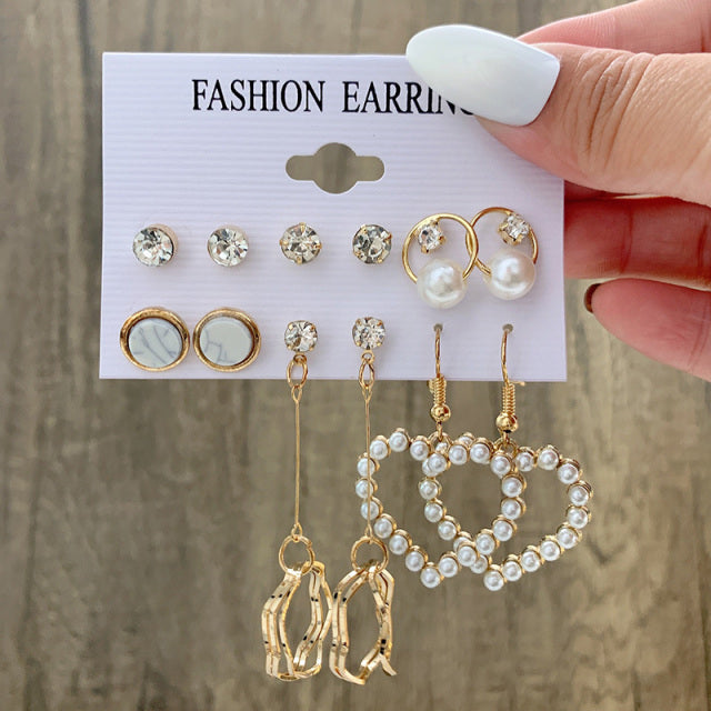 6Pcs/Set Fashion Big Circle Gold Color Simulation Pearl Geometric Hoop Earrings For Women Butterfly Rhinestone Earings Jewellery