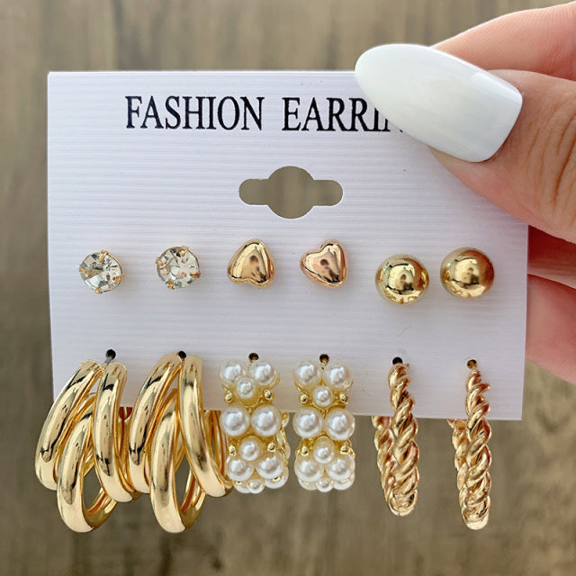 6Pcs/Set Fashion Big Circle Gold Color Simulation Pearl Geometric Hoop Earrings For Women Butterfly Rhinestone Earings Jewellery