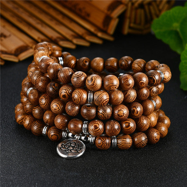 108 Wood Beads OM Lotus Multilayer Bracelet Tibetan Buddhist Mala Buddha Charm Rosary Bracelet Yoga Wooden For Women Men Jewelry