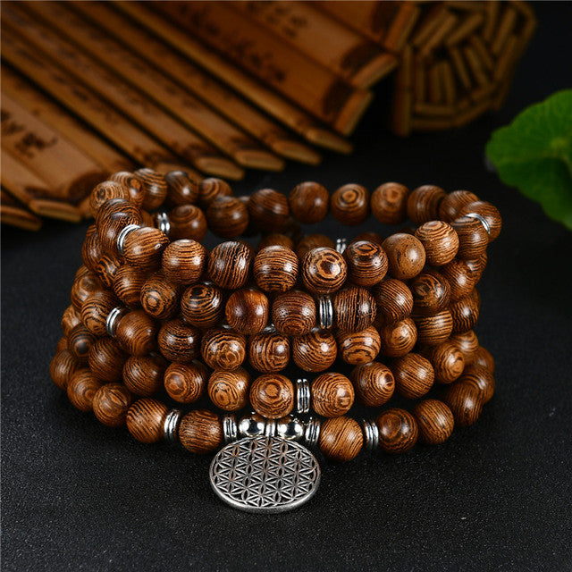 108 Wood Beads OM Lotus Multilayer Bracelet Tibetan Buddhist Mala Buddha Charm Rosary Bracelet Yoga Wooden For Women Men Jewelry