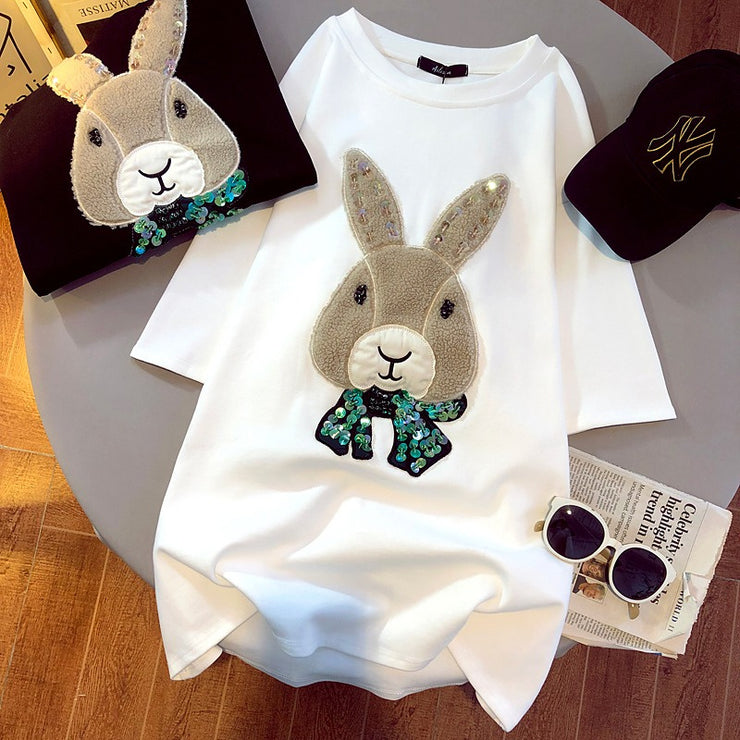 T-shirt female round neck short sleeve thickened summer half sleeve 2022 new Korean loose white lovely rabbit large top