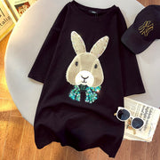 T-shirt female round neck short sleeve thickened summer half sleeve 2022 new Korean loose white lovely rabbit large top