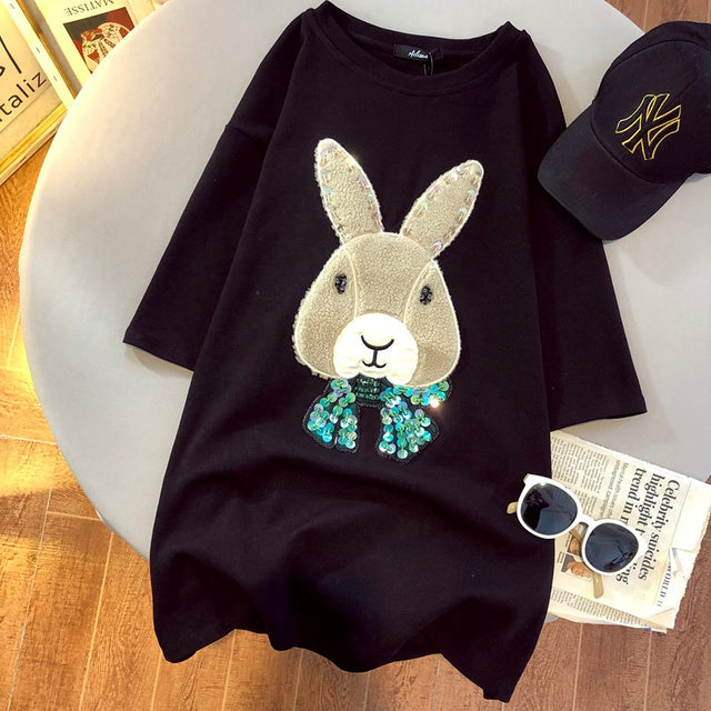 T-shirt female round neck short sleeve thickened summer half sleeve 2022 new Korean loose white lovely rabbit large top