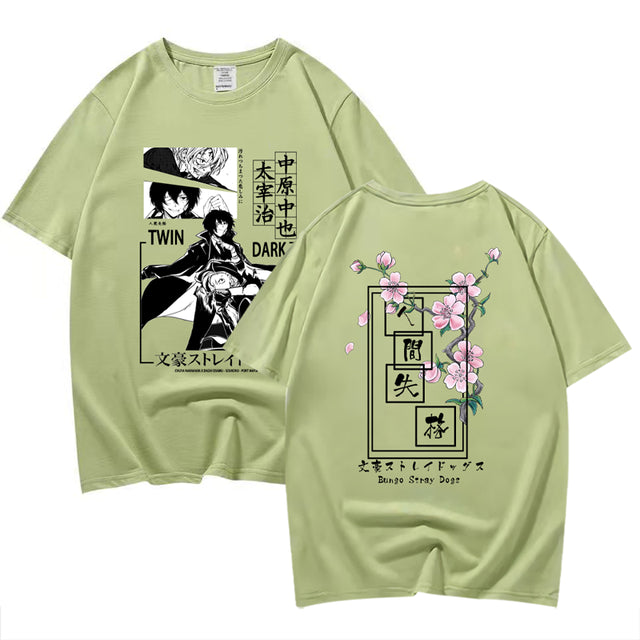 Anime Bungo Stray Dogs Dazai Osamu Nakahara Chuuya Harajuku Double Sided Printed T-shirt Short Sleeve Tops