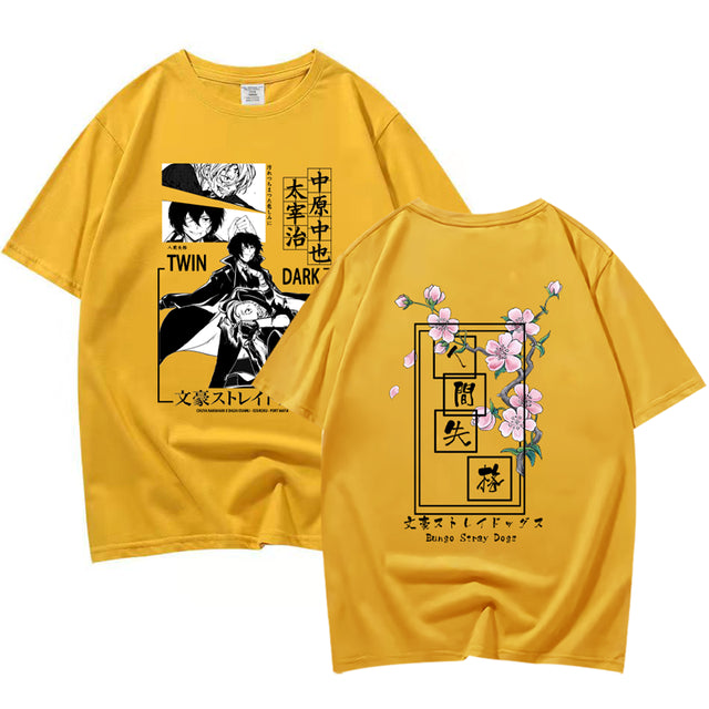 Anime Bungo Stray Dogs Dazai Osamu Nakahara Chuuya Harajuku Double Sided Printed T-shirt Short Sleeve Tops