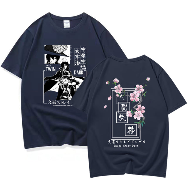 Anime Bungo Stray Dogs Dazai Osamu Nakahara Chuuya Harajuku Double Sided Printed T-shirt Short Sleeve Tops