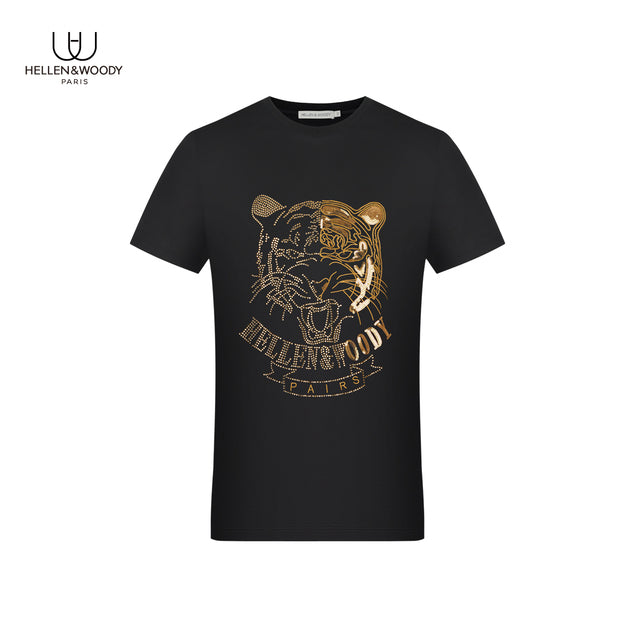 Hellen&amp;Woody Animal Graphic Print T-shirt for Men Summer Cotton Round Neck Hot Diamond Sequins Breathable Short-sleeved Tide